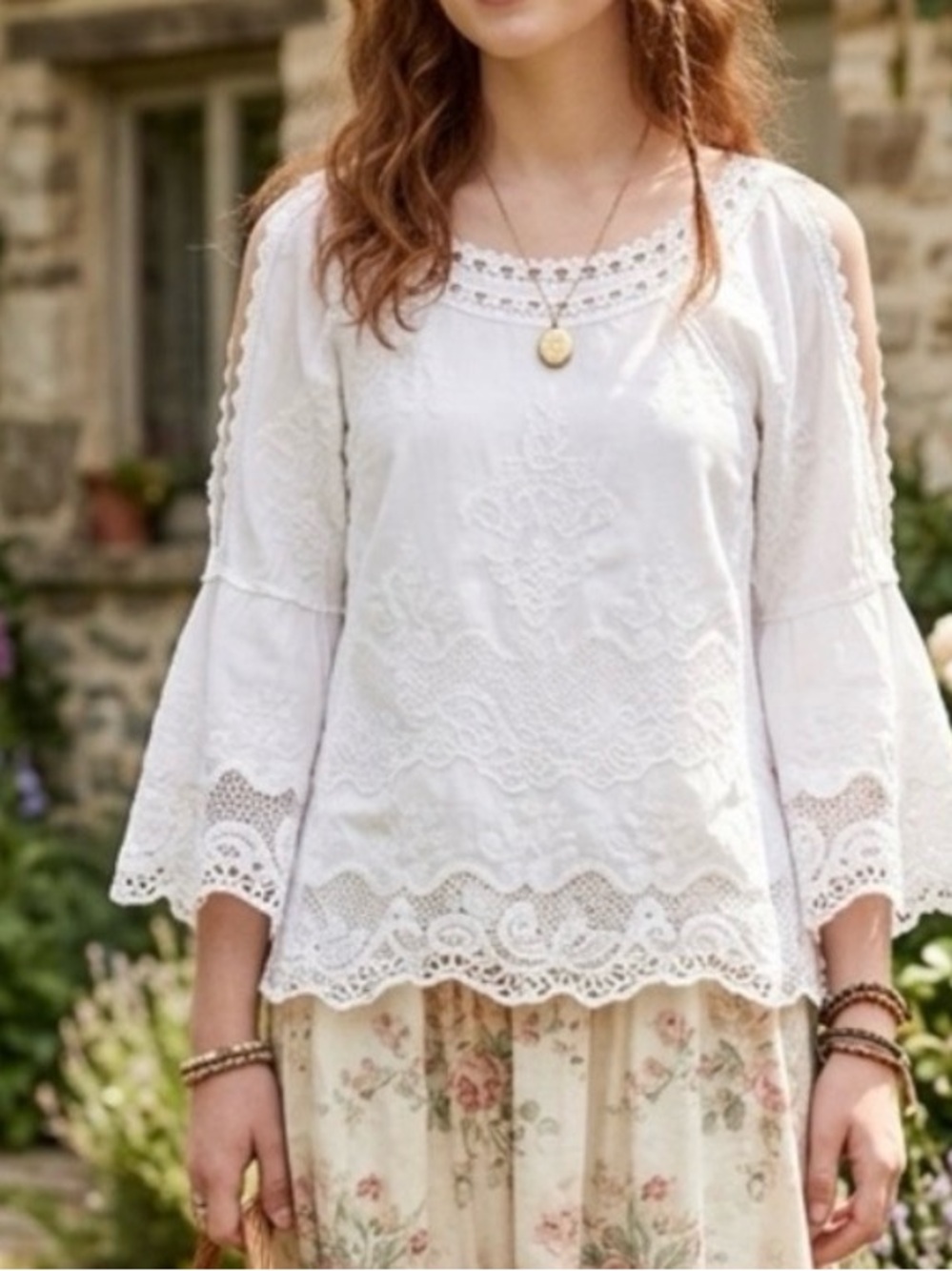Democracy Boho White Lace Cutout Sleeve Women's Top